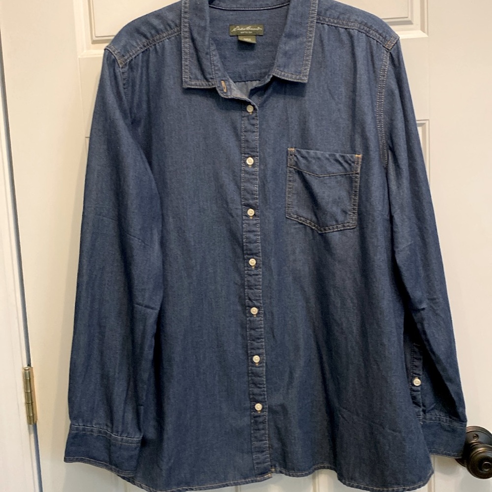 Eddie Bauer dark wash denim shirt.  Ladies size XXL